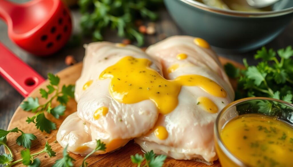 Marinating chicken in honey mustard marinade