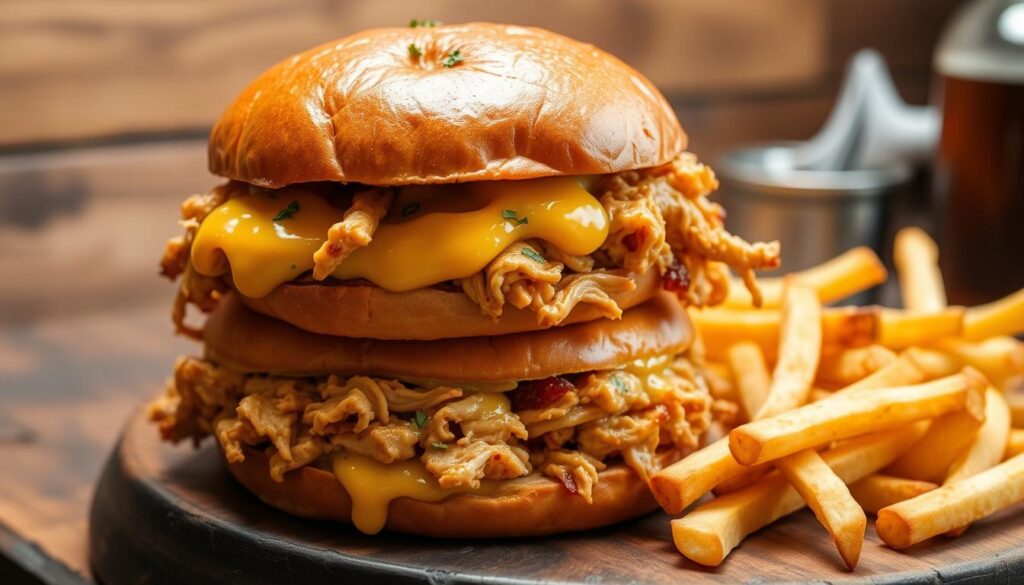 cheesy pulled chicken sandwiches